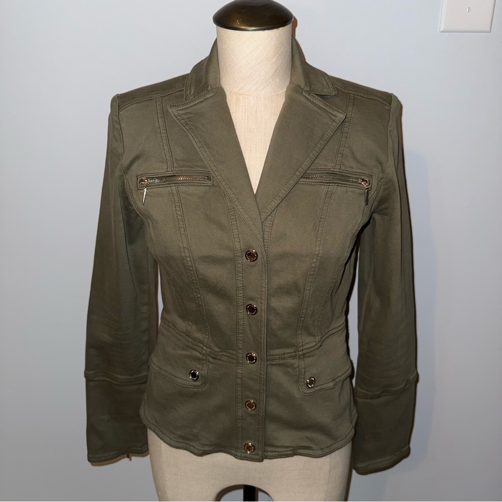 White House Black Market WHBM Olive Green Peplum Jacket Size 0